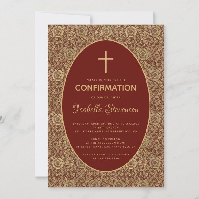 Girl Confirmation Burgundy Gold Roses Elegant Red Invitation (Front)