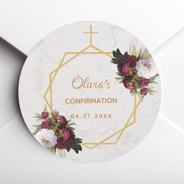Girl Confirmation Burgundy Red Peonies Marble Gold Classic Round Sticker (Creator Uploaded)