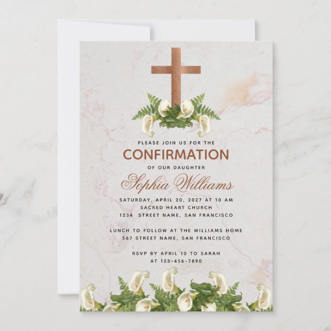 Girl Confirmation Copper Cross Calla Lilies Marble Invitation (Front)