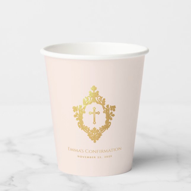 Girl Confirmation Crest Blush Pink Faux Gold Cross Paper Cups (Front)