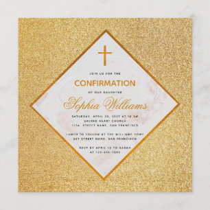 Girl Confirmation Faux Gold Foil White Marble Invitation