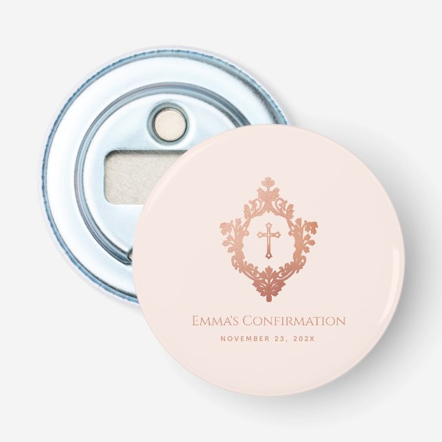 Girl Confirmation Favours Pink Rose Gold Crest  Bottle Opener (Front)