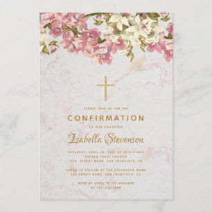 Girl Confirmation Floral Cross Pink Orchids Marble Invitation