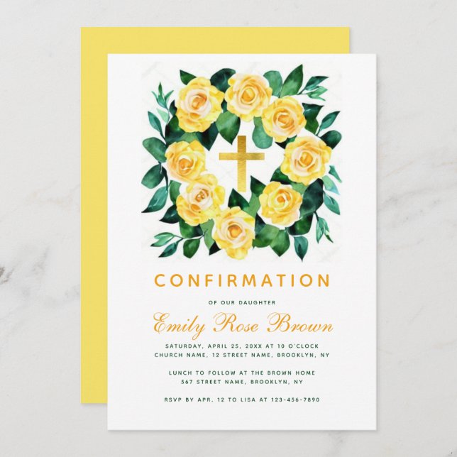 Girl Confirmation Floral Yellow Rose Wreath Script Invitation (Front/Back)