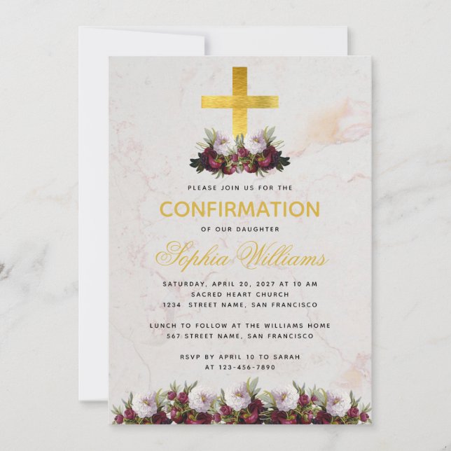 Girl Confirmation Gold Cross Burgundy Peony Marble Invitation (Front)
