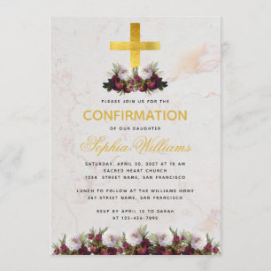 Girl Confirmation Gold Cross Burgundy Peony Marble Invitation