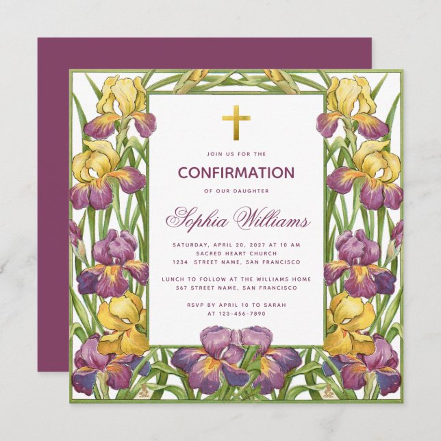 Girl Confirmation Iris Purple Yellow Cross Floral Invitation (Front/Back)