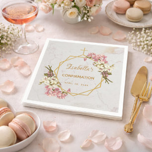 Girl Confirmation Marble Gold Pink Orchids Floral Napkin
