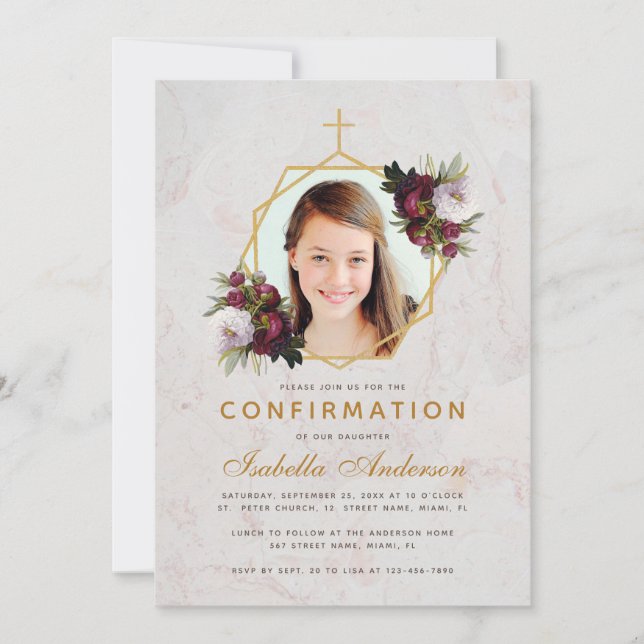 Girl Confirmation Photo Floral Burgundy Peonies Invitation (Front)