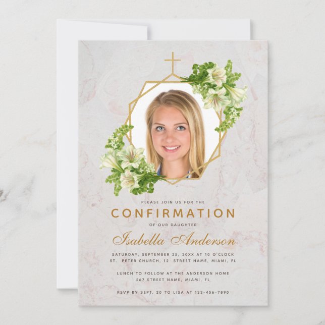 Girl Confirmation Photo Floral Marble White Lilies Invitation (Front)