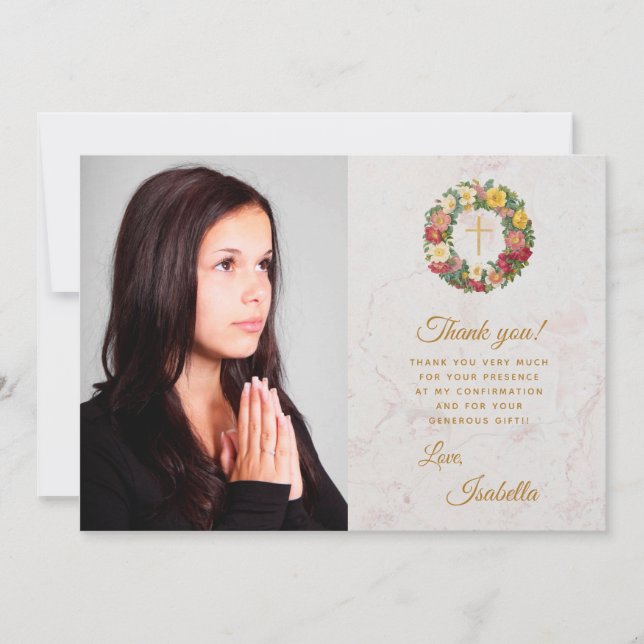 Girl Confirmation Photo Gold Cross in Rose Wreath Thank You Card (Front)
