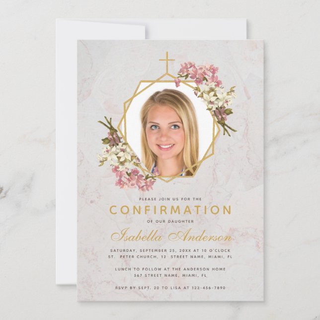 Girl Confirmation Photo Gold Marble Pink Orchids Invitation (Front)