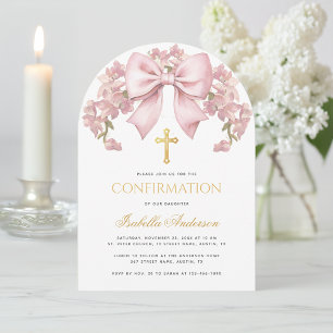 Girl Confirmation Pink Bow Floral & Cross Elegant Invitation