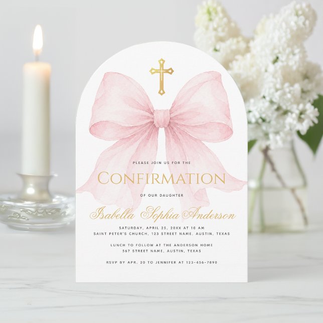 Girl Confirmation Pink Bow Script Faux Gold Cross  Invitation (Creator Uploaded)