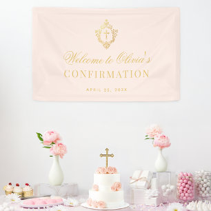 Girl Confirmation Pink Faux Gold Crest Calligraphy Banner