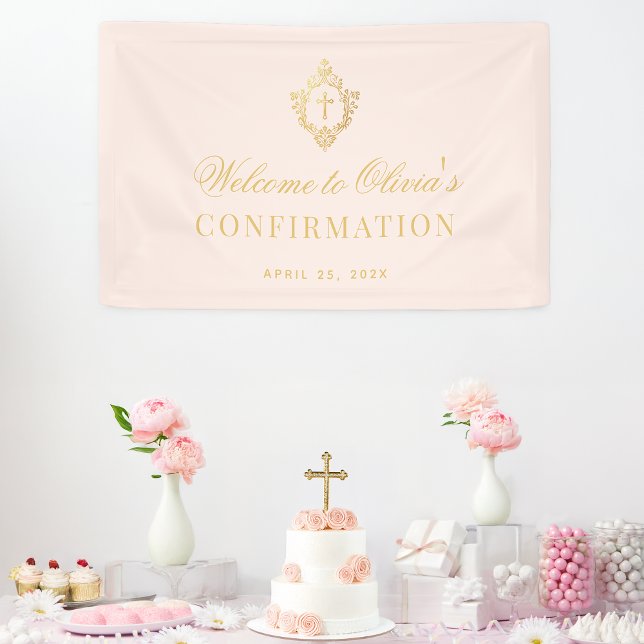 Girl Confirmation Pink Faux Gold Crest Calligraphy Banner (Creator Uploaded)