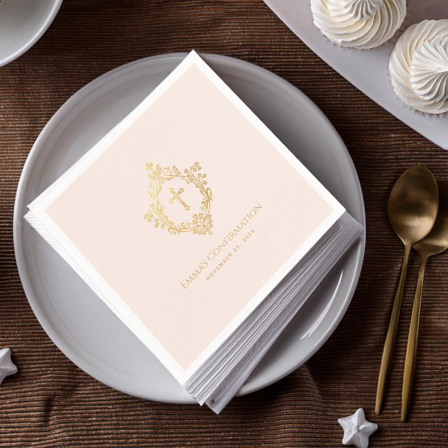 Girl Confirmation Pink Gold Cross Crest Religious Napkin (Creator Uploaded)
