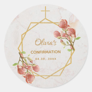 Girl Confirmation Pink Magnolia Gold Cross Marble Classic Round Sticker