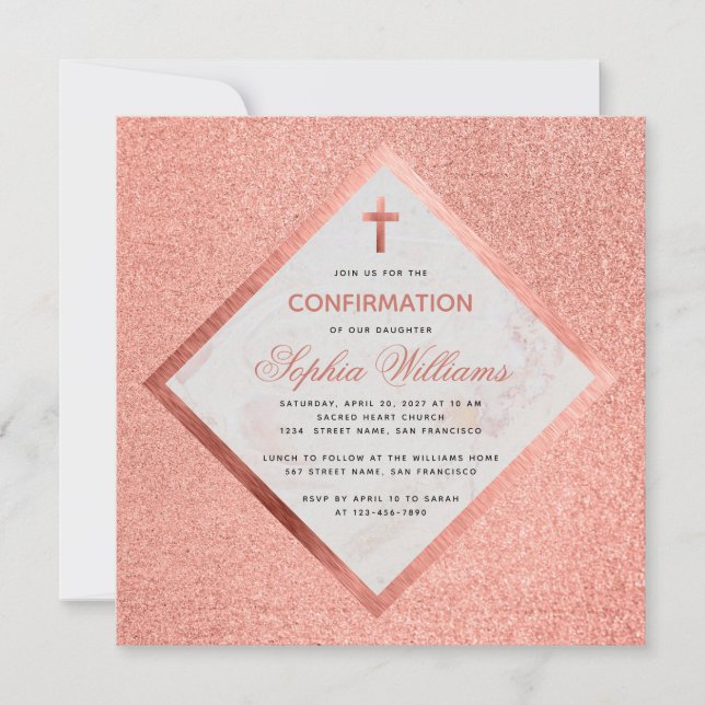Girl Confirmation Pink Rose Gold Marble Cross Invitation (Front)