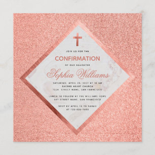 Girl Confirmation Pink Rose Gold Marble Cross Invitation