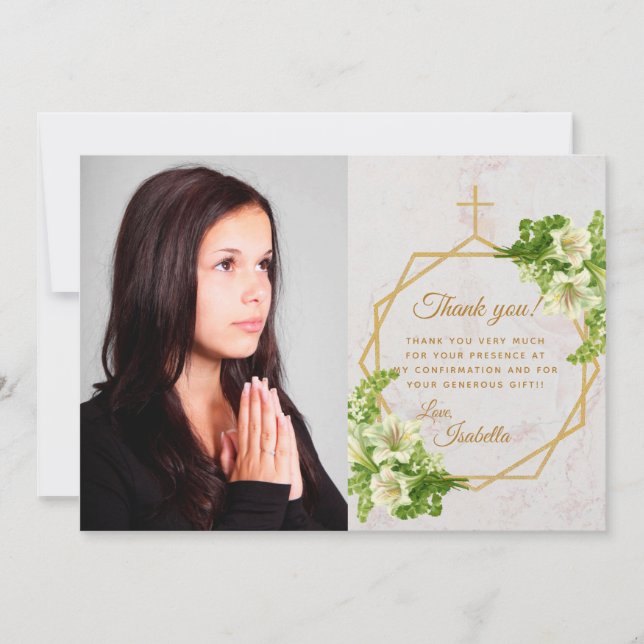 Girl Confirmation White Lilies Marble Gold Cross Thank You Card (Front)