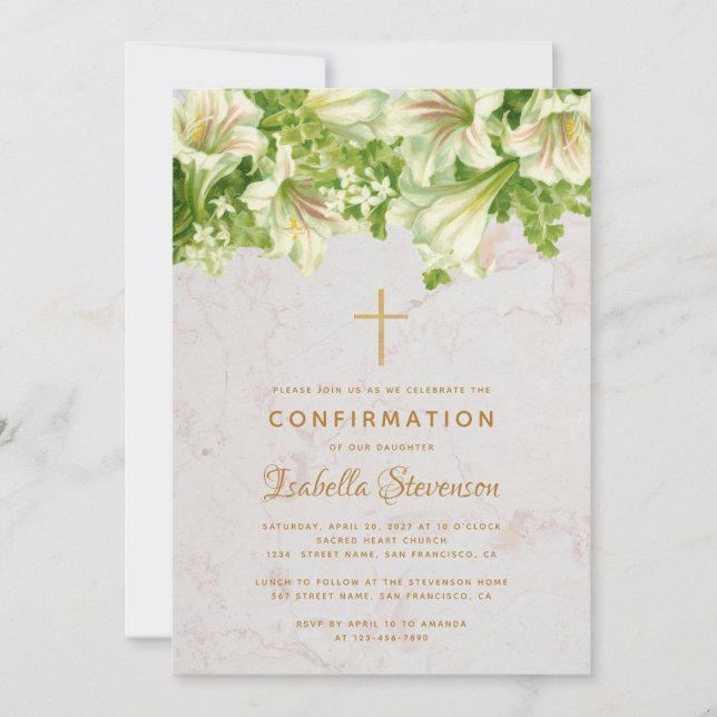 Girl Confirmation White Lilies on Marble Floral Invitation (Front)