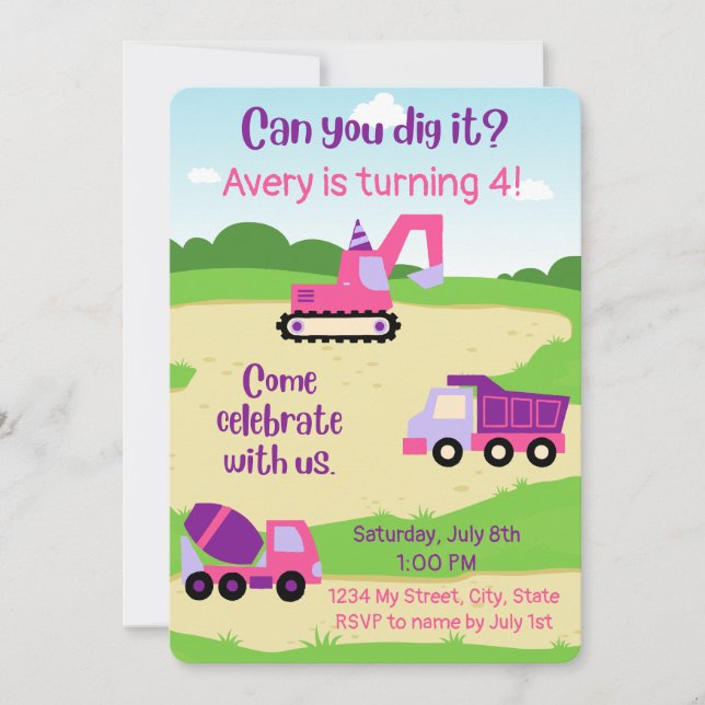 Girl Construction Birthday Invite (Front)