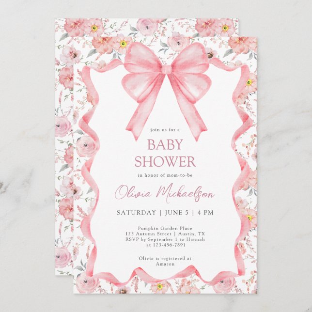 Girl Coquette Pink Floral Ribbon Bow Baby Shower Invitation (Front/Back)