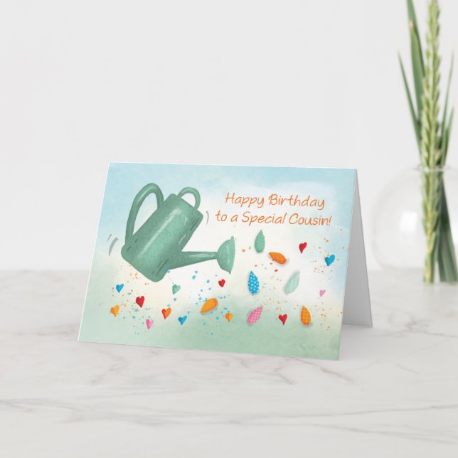 Girl Cousin Birthday Watering Can Sprinkling Heart Card (Front)