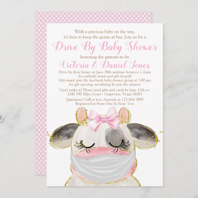 Girl Cow with Mask Drive By Baby Shower Invitation (Front/Back)