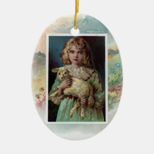 Girl Cradling Lamb Victorian Easter Ceramic Ornament