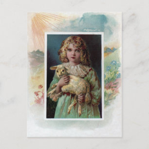 Girl Cradling Lamb Victorian Easter Holiday Postcard