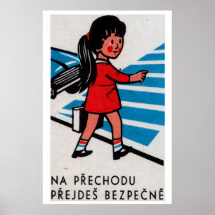 Girl Crossing Street Matchbox Art Print, Czech Poster