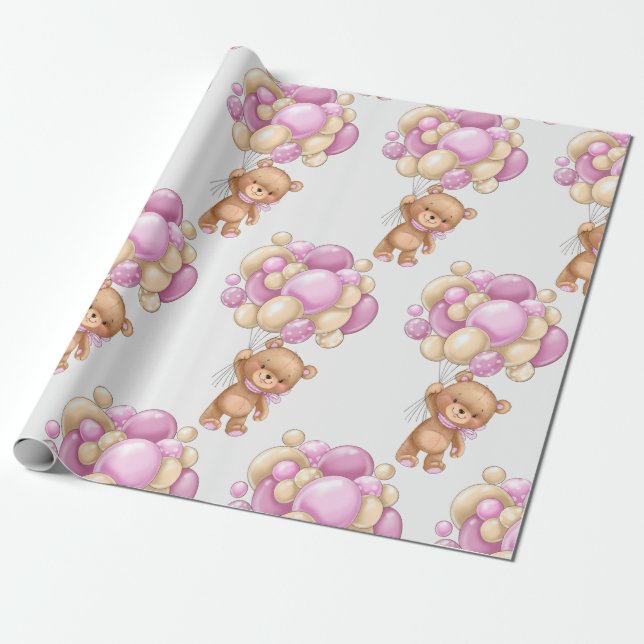 Girl Cute Bear Balloon Wrapping Paper (Unrolled)