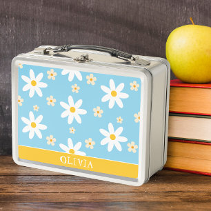Girl Cute Blue yellow daisies Kids Back to school  Metal Lunch Box