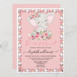 Girl Cute Elephant Flowers Watercolor Baby Shower Invitation