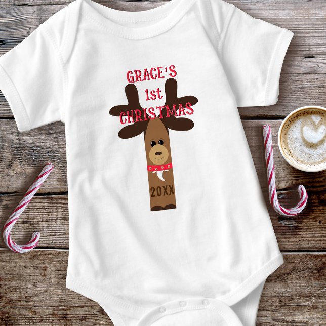 Girl Cute First Christmas Reindeer Baby Bodysuit (First Christmas Reindeer Baby Bodysuit with space for a name and year)