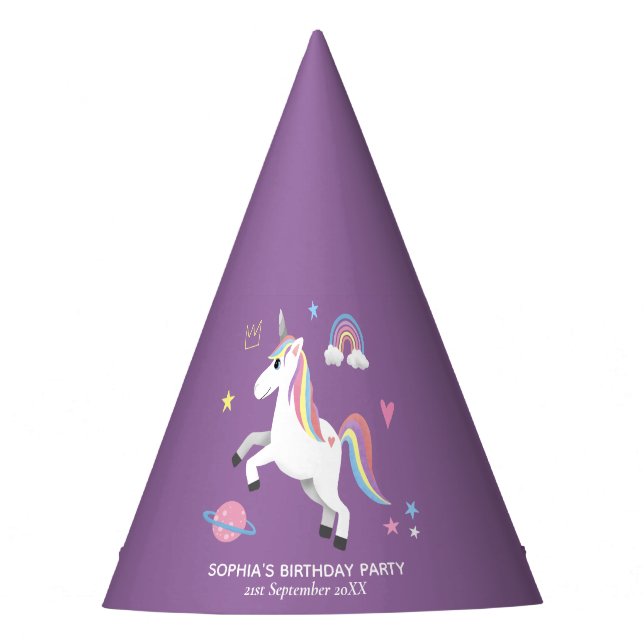 Girl Cute Magical Purple Unicorn Kids Birthday Party Hat (Front)