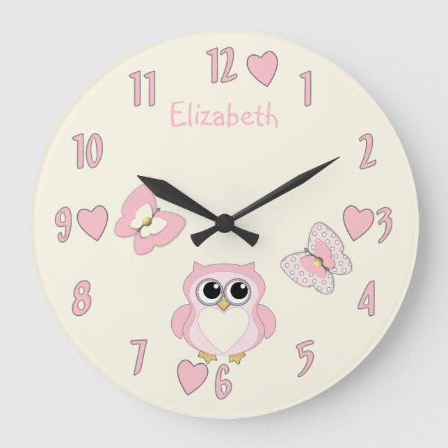 Girl cute owl pink and cream with a name large clock (Front)