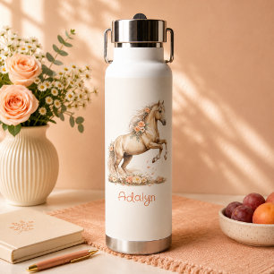 Girl Cute Peach Horse Rose Personalised Name Water Bottle