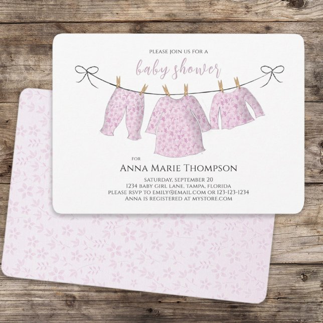Girl Cute Pink Baby Clothesline Sweet Baby Shower  Invitation (Creator Uploaded)