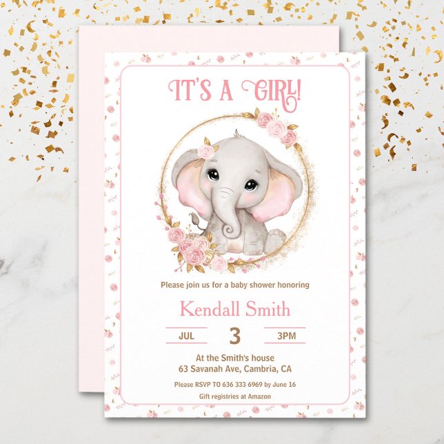 Girl Cute Pink Elephant and Flowers Baby Shower Invitation (Girl Cute Pink Elephant and Flowers Baby Shower Invitation)