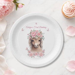 Girl Cute Pink Floral Horse First Birthday Paper Plate