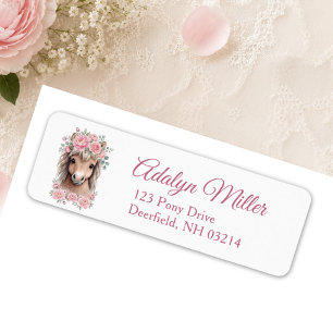 Girl Cute Pink Floral Horse First Birthday Return Address Label