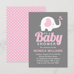 Girl Cute Pink Grey Elephant Baby Shower Invitation