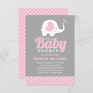 Girl - Cute Pink Grey Elephant Baby Shower Invitation