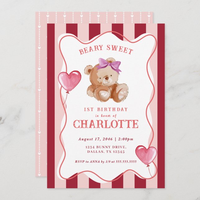Girl Cute Pink Watercolor Bear Baby 1st Birthday Invitation (Front/Back)