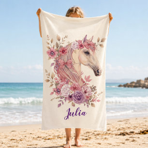 Girl Cute Purple Pink Horse Monogram Script Name Beach Towel