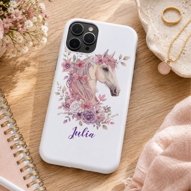 Girl Cute Purple Pink Horse Monogram Script Name Case-Mate iPhone Case (Creator Uploaded)