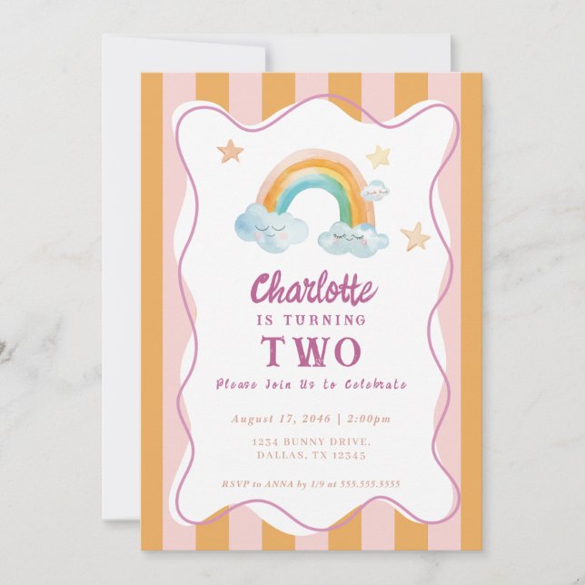 Girl Cute Purple Watercolor Rainbow Baby Birthday  Invitation (Front)